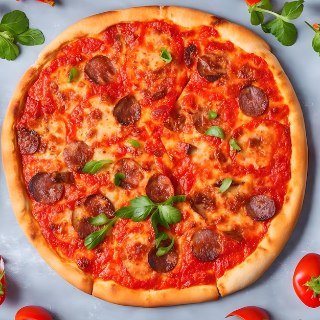 Верхний вид пиццы с колбасы, помидорами, красным перцем и сыром AI Generative