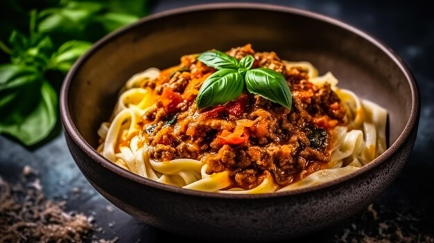 Top view of savory spaghetti bolognese elegantly presented on a dark background