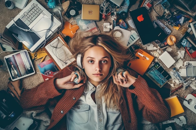 Foto una vista dall'alto di una adolescente scandinava sdraiata sul pavimento con molti dispositivi elettronici generative ai aig30