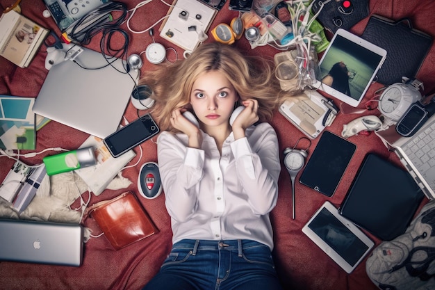 Photo a top view of a scandinavian teenage female lying on the floor with many electronic devices generative ai aig30