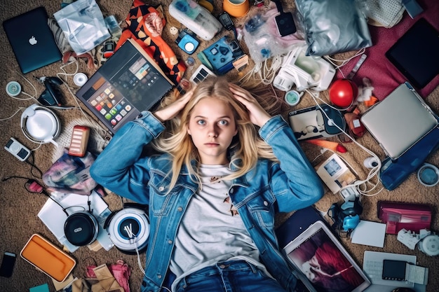 A top view of a Scandinavian teenage female lying on the floor with many electronic devices Generative AI AIG30