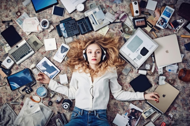 Сверху видно скандинавскую подростковую женщину, лежащую на полу со многими электронными устройствами Generative AI AIG30