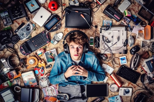 A top view of a Scandinavian teenage male lying on the floor with many electronic devices Generative AI AIG30