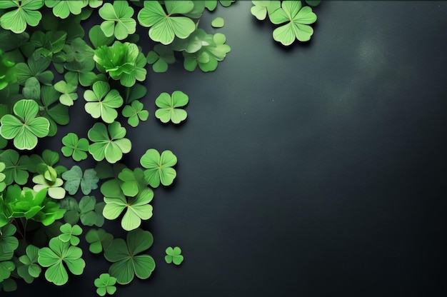 Top view of scattered fourleaf green clovers on a dark background banner space for your own content Green fourleaf clover symbol of St Patricks Day