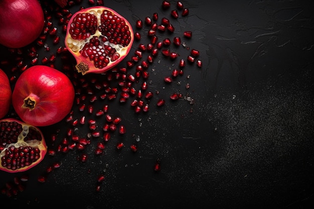 Top view of scattered pomegranate seeds on dark surface