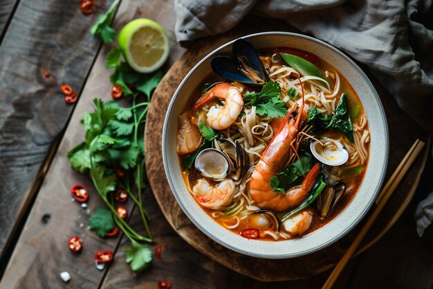 Foto soppa di noodle di frutti di mare vista dall'alto