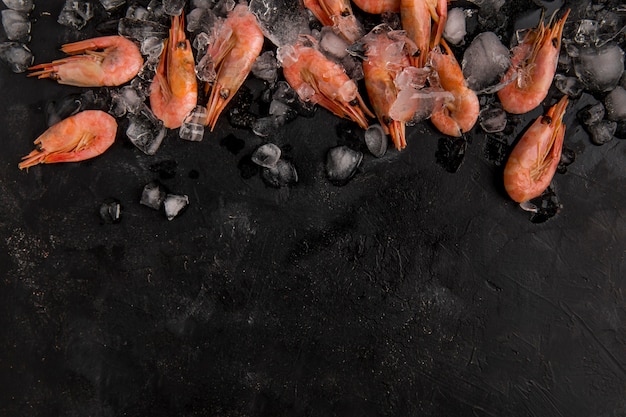 Photo top view seafood shrimp on ice copy space