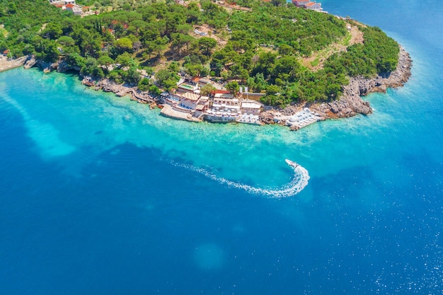 Premium Photo | Top view of seashore with equipped beach