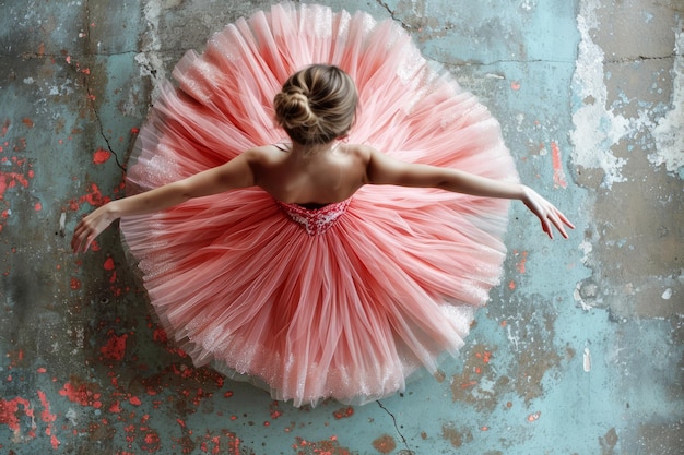 Foto vista dall'alto della ballerina seduta con tutù rosa