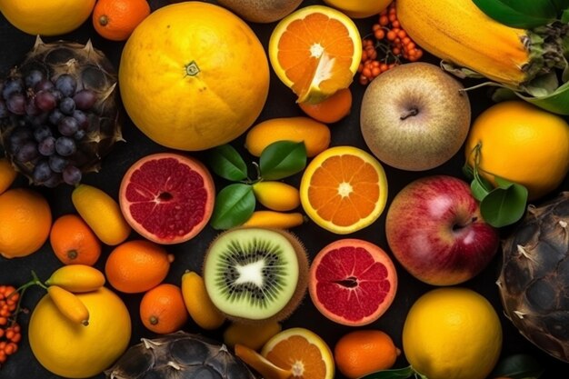 Top view selection of exotic fruits with copy space