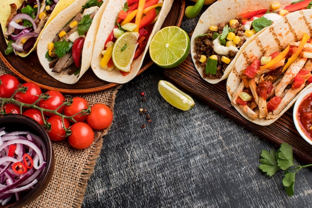 Top view selection of tasty tacos ready to be served