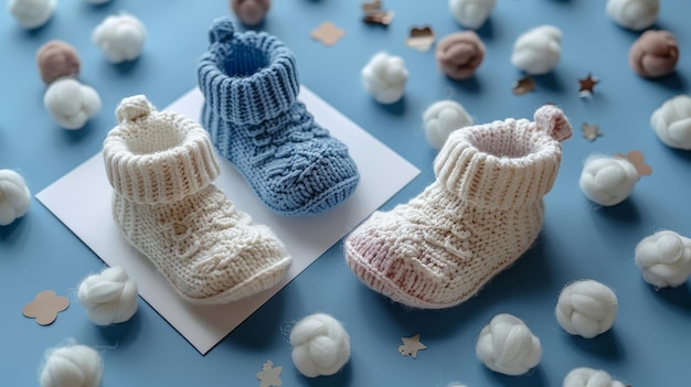 The top view of a set of baby boy and girl booties with a greeting card form