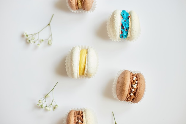 Top view set of different french cookies macaroons cake macarons with flowers