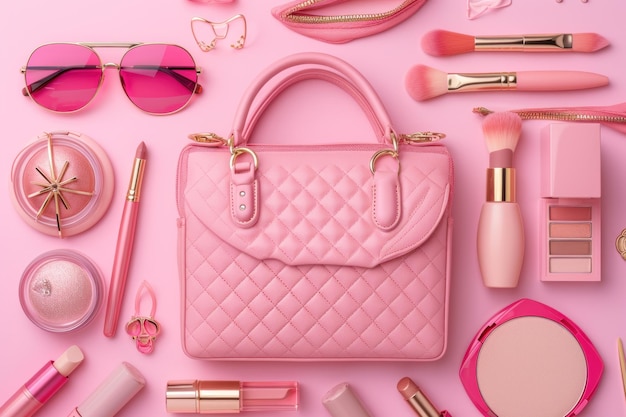 핑크색 배경에 분홍색 스타일의 분홍색 가방과 함께 패션 액세서리의  뷰 세트