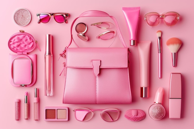 Top view set of fashion accessories with pink bag in pink style on pink background