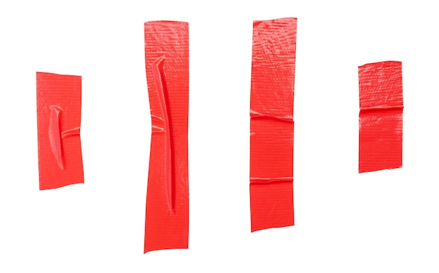 白い背景に隔離されたストライプの赤い粘着性ビニールテープまたは布テープのトップビューセット