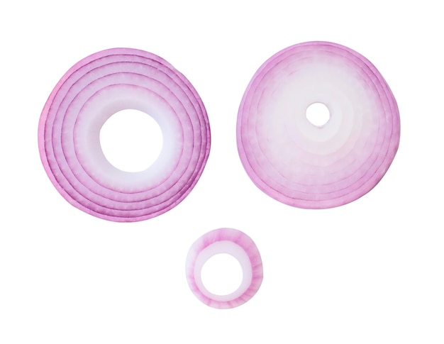 Photo top view set of red or purple onion rings or slices isolated on white background with clipping path