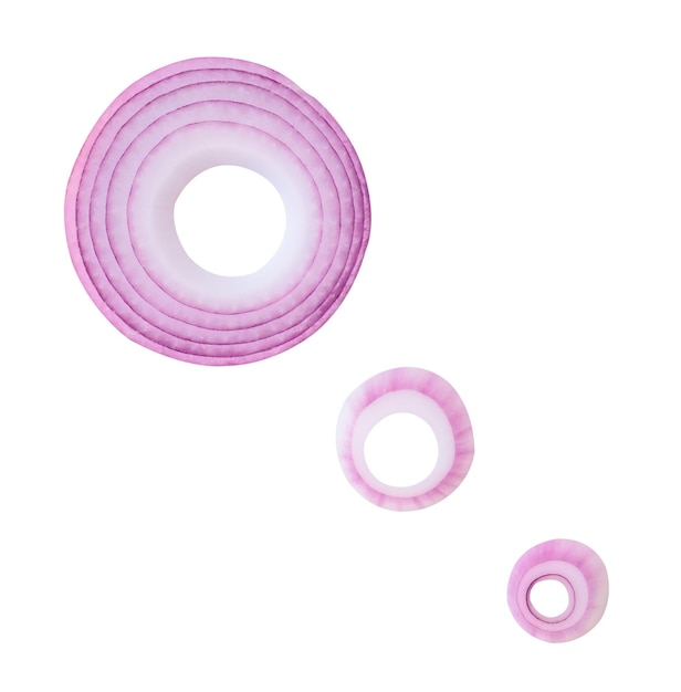 Top view set of red or purple onion slices or onion rings scattered isolated on white background with clipping path