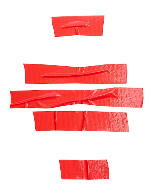 Top view set of wrinkled red adhesive vinyl tape or cloth tape in stripes shape isolated on white