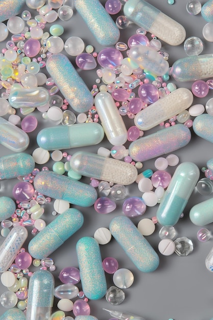 Top view of several multicolor pills in a white surface Generative AI