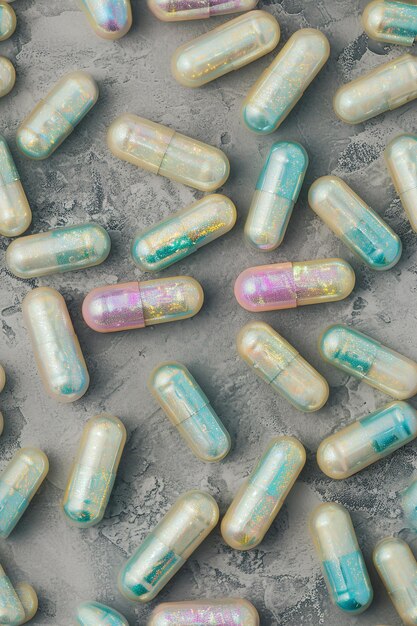 Top view of several multicolor pills in a white surface Generative AI