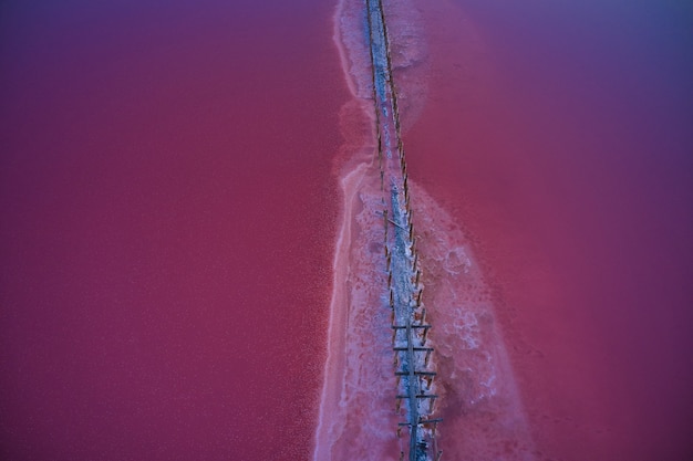 Vista dall'alto di un lago rosa salato lucido e un percorso lungo di esso