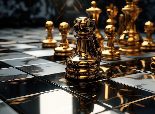 top view shot of golden king surrounded with silver chess pieces on chess board game competition