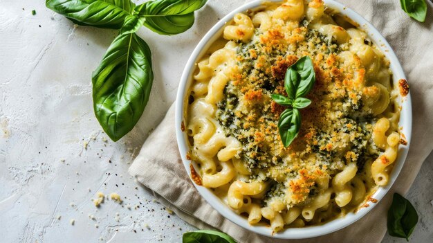 Foto vista dall'alto di pesto macaroni e formaggio