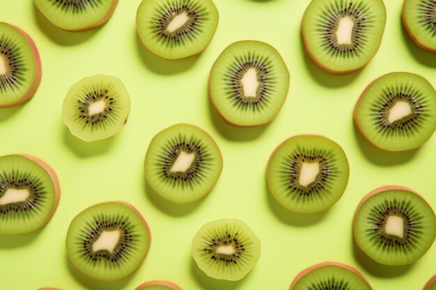 Photo top view showcases a vibrant pattern of fresh kiwi slices arranged on a pink background