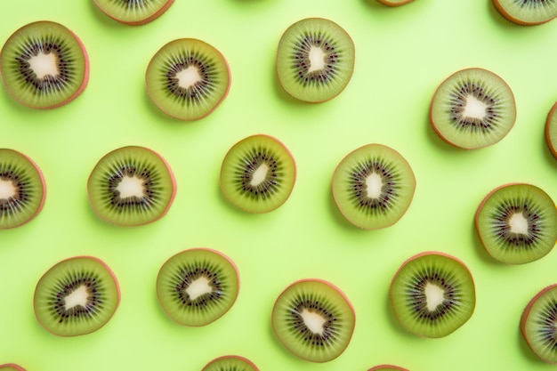 Top view showcases a vibrant pattern of fresh kiwi slices arranged on a pink background