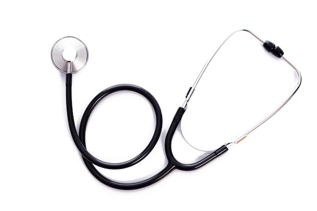 Top view of a single black stainless medical stethoscope isolated on a white background in closeup