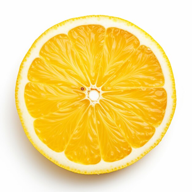 Top view of single crosssection or slice of juicy yellow on white background