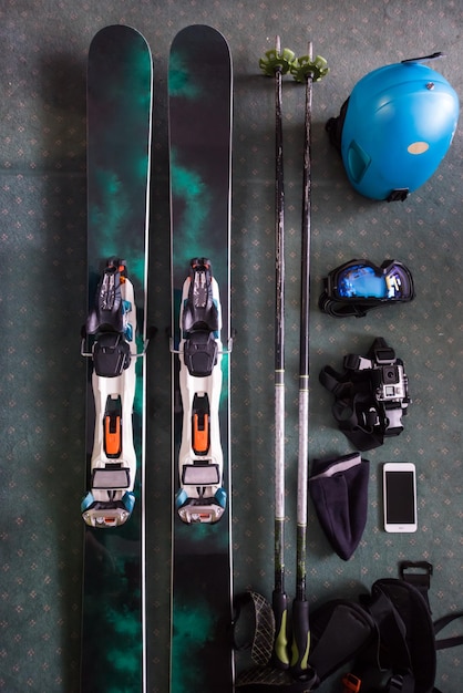 top view of ski accessories