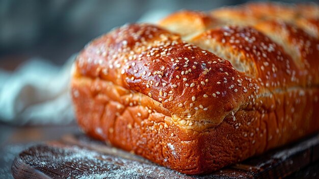 위쪽 보기 나무 테이블과 회색 표면에 절단 보드에 잘라진  국립 Sourdough 