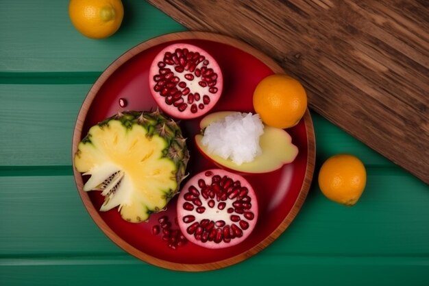 Top view of sliced fresh mango in a white plate with pomegranate slices isolated on a wooden kitchen board with half and