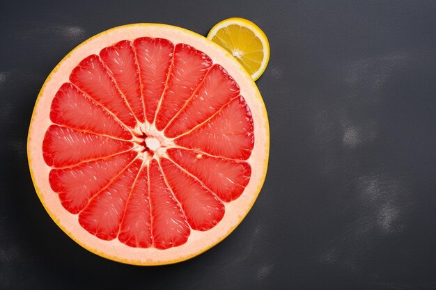 Photo top view sliced grapefruit fresh mellow juicy ring on the dark background