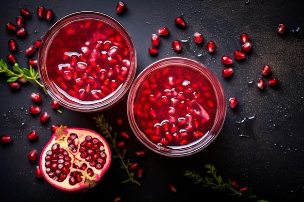 Photo top view of sliced pomegranates with various ingredients