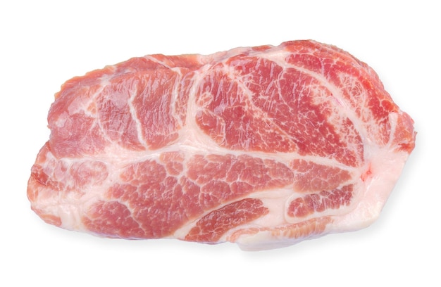 写真 白い背景の豚肉の切断路に分離された生豚肉を上から見る