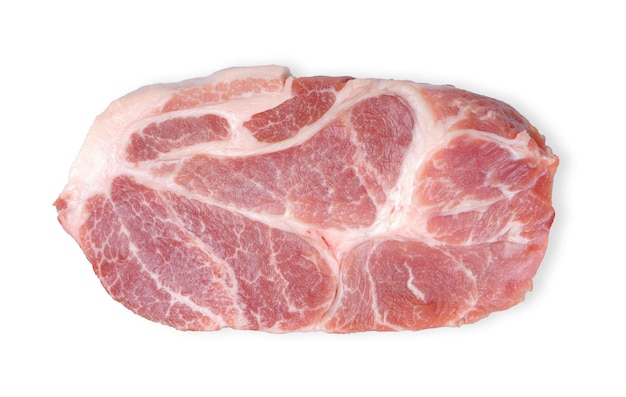 白い背景に分離された生の豚肉肉をスライスしたトップ ビュー豚肉クリッピング パス