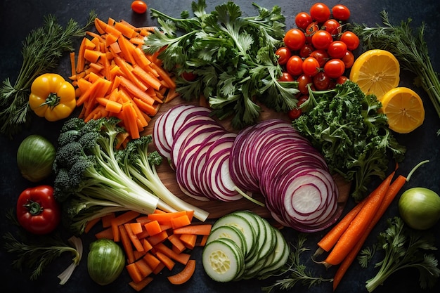 Foto vista dall'alto di verdure affettate con verdure