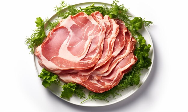 Top view slices of ham with herbs on white plate