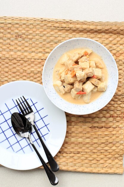 Vista dall'alto slodeh tahu tempe, cibo tradizionale indonesiano a base di tofu, tempeh e latte di cocco. piccante, salato per menu giornaliero (lodeh jawa). copia spazio