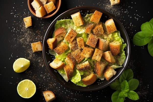 Top view smakelijke caesar salade met kleine ruiken en kruiden op het donkere bureau