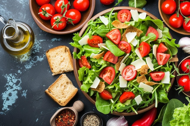 Top view smakelijke caesar salade met kleine ruiken en kruiden op het donkere bureau