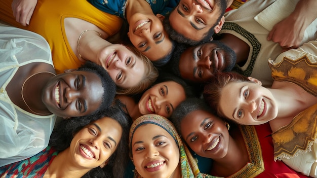 Top view of smiling friends from diverse ethnic backgrounds huddled closely showing unity and happiness