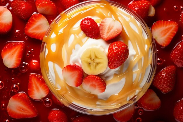 Top view of a smoothie glass with a swirl of mixed berry puree on top