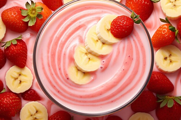 Top view of a smoothie glass with a swirl of mixed berry puree on top