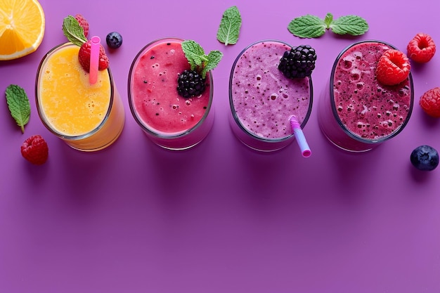 Photo top view smoothies on purple background