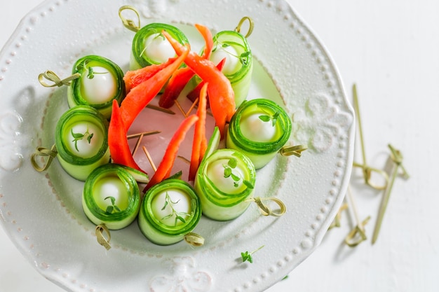 Top view of snacks made of vegetables and eggs