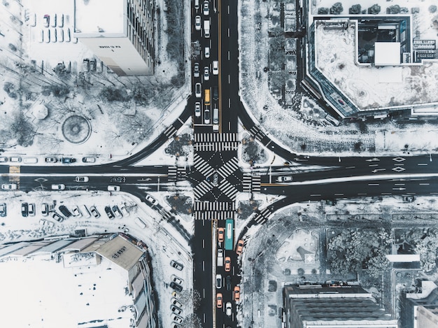 Top view of snowing street in Seoul